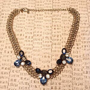 Chico's blue rhinestone & gold tone chainmail chain statement collar necklace